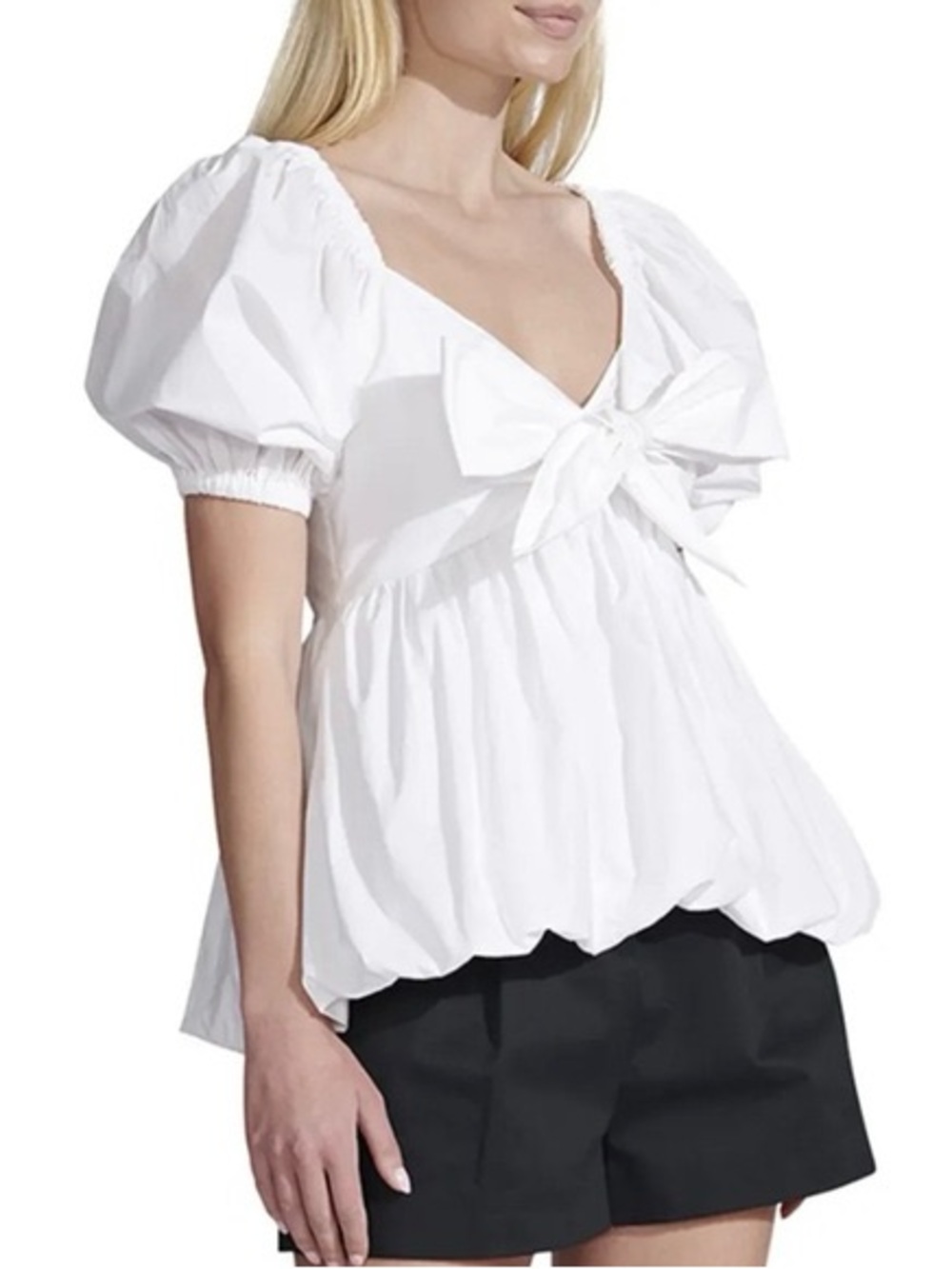 Toccin NY Puff Sleeve Tie Front Blouse White Women Size Medium Smocked Cotton